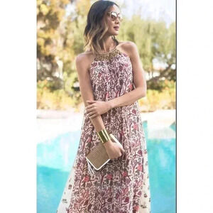NWT Nikasha Pink Rose Beaded Halter Maxi Dress - size Medium